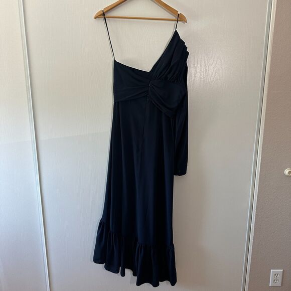 Rokh One Shoulder Midi Sheath Dress Navy Blue Size 40 US 8 - Picture 8 of 12
